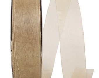 May include: A roll of sheer gold ribbon with a subtle shimmer. The ribbon is rolled on a spool and is ready to be used for crafting, gift wrapping, or decorating.