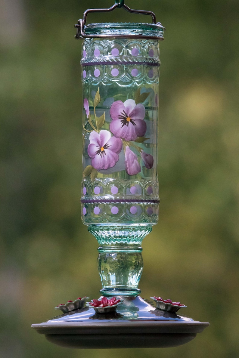 Vintage Style Glass Hummingbird Feeder | Garden Decor, Easy to clean, Copyrighted 2026 Purple Pansies