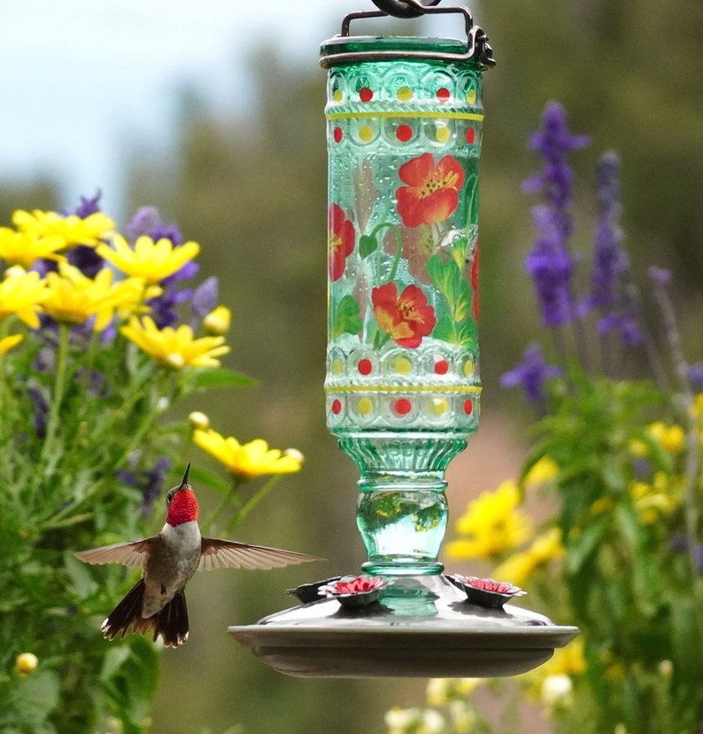 Vintage Style Glass Hummingbird Feeder | Garden Decor, Easy to clean, Copyrighted 2026 Poppies