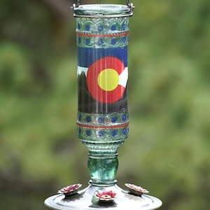 Vintage Style Glass Hummingbird Feeder | Garden Decor, Easy to clean, Copyrighted 2026 Colorado Flag