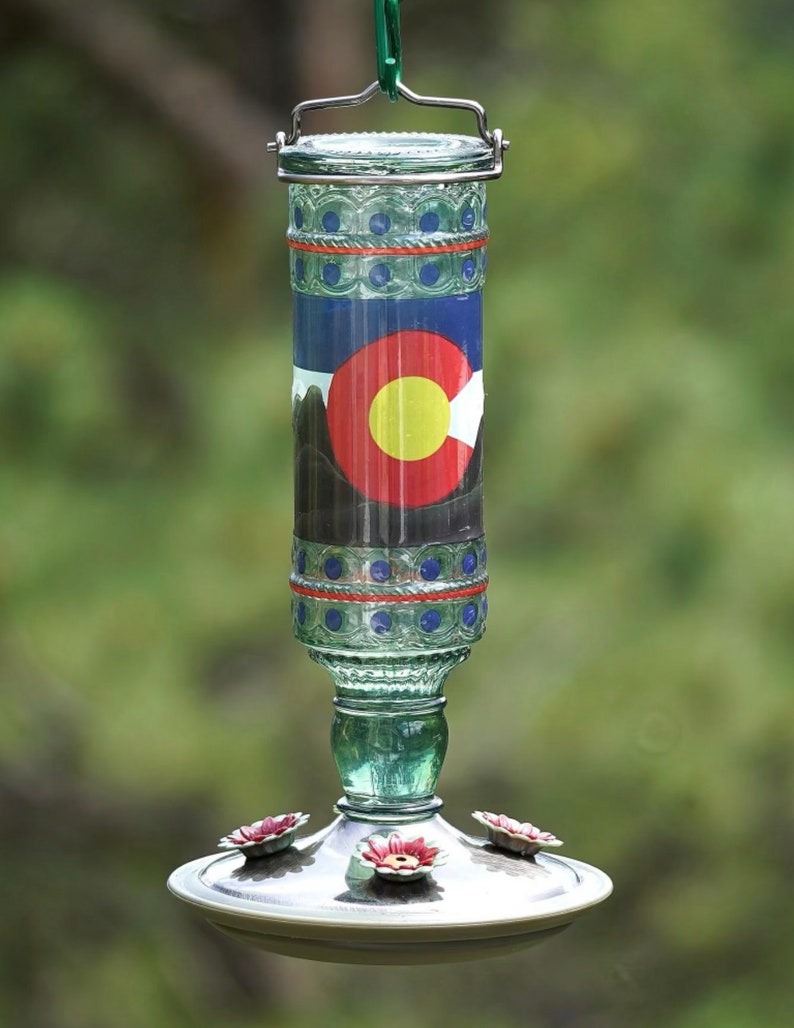 Vintage Style Glass Hummingbird Feeder | Garden Decor, Easy to clean, Copyrighted 2026 Colorado Flag