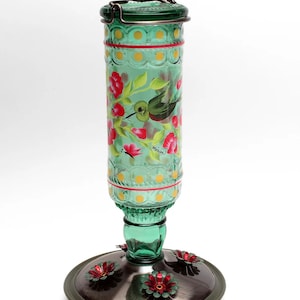 Vintage Style Glass Hummingbird Feeder | Garden Decor, Easy to clean, Copyrighted 2026 Red Pansies w/ bird