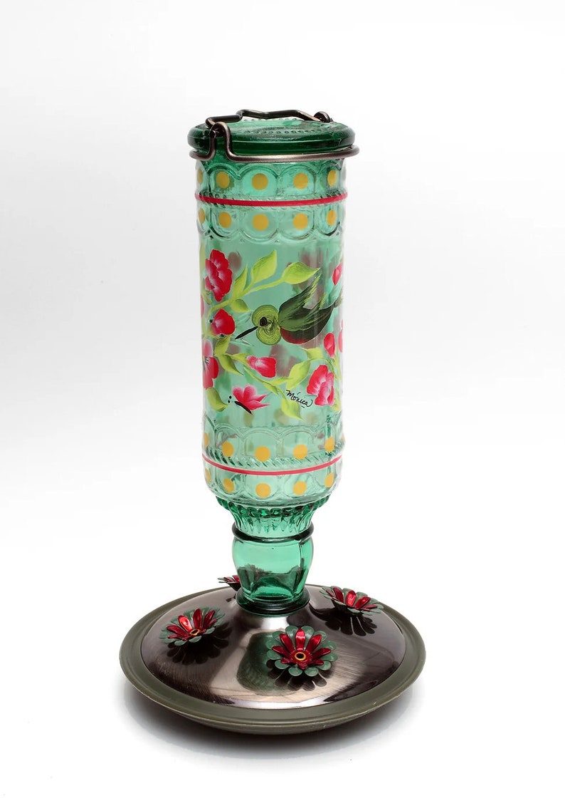 Vintage Style Glass Hummingbird Feeder | Garden Decor, Easy to clean, Copyrighted 2026 Red Pansies w/ bird