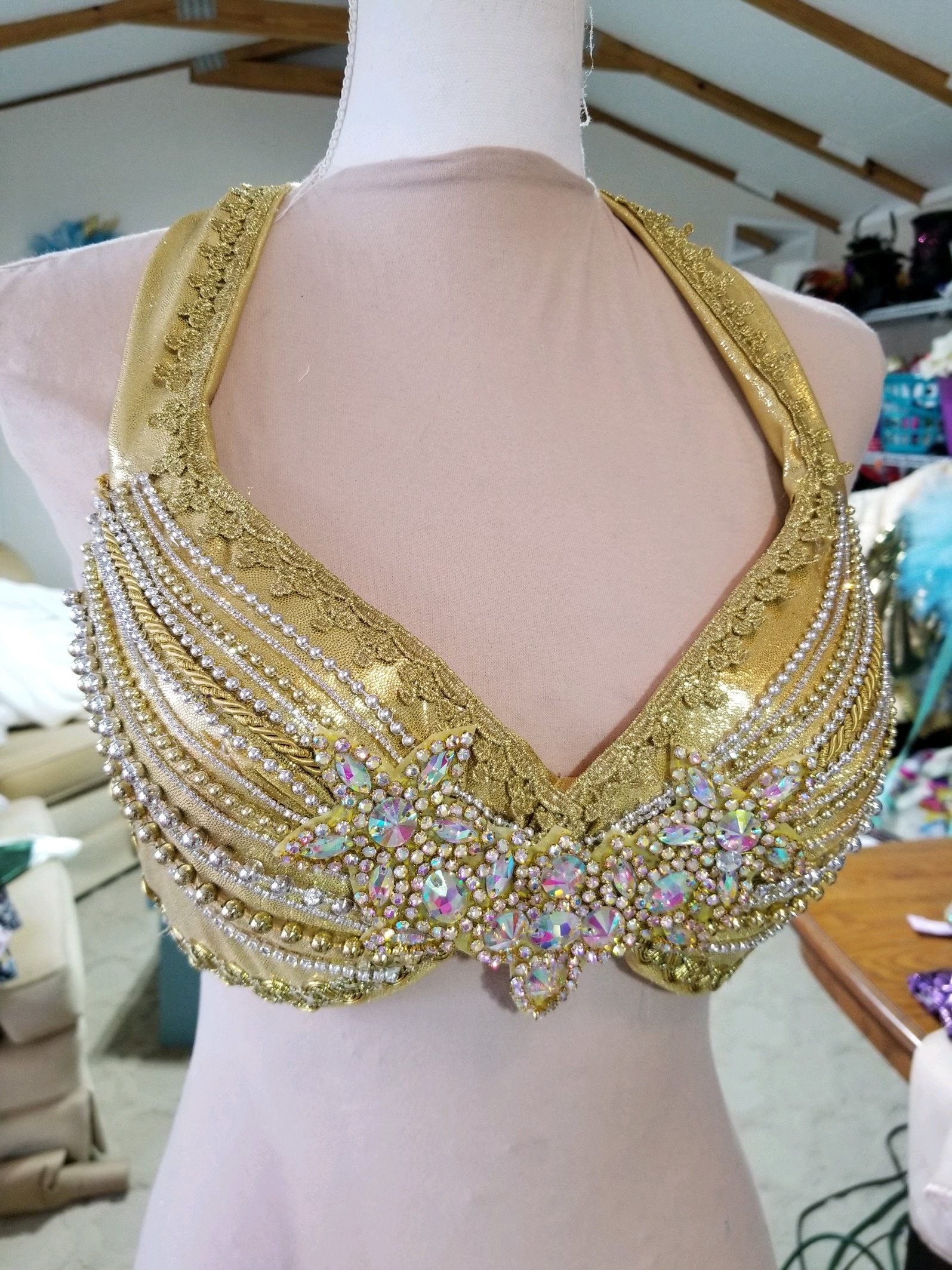 Gold lame bedazzled bra