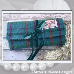 Handmade Harris Tweed Jewellery Organiser, Beautiful Turquoise Plaid Tweed, Perfect Clutch Bag  when Travelling, Unique Gift for Women