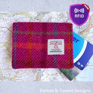 Handgemaakte kaartportemonnee met RIFD-bescherming, cerise, blauwe, groene en oranje Harris Tweed, voor reiskaarten, bankkaarten, cadeau voor hem