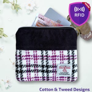 Harris Tweed Geldbörse, Charcoal und Alabaster Plaid Design mit Charcoal Wildleder Akzent, RFID gefüttert Geschenk für Sie