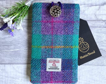 Handmade Heather and Turquoise Tartan Harris Tweed Mobile Phone Case -  Custom made to fit your phone, Gift For Her