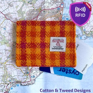 Handmade Card Wallet with RIFD Protection, in Yellow and Orange Check Tweed, Stylish Gift For Her