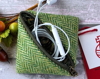 Handmade Harris Tweed Earbud Wallet, Classy Lawn Green and Oatmeal Herringbone Tweed, Perfect for your Handbag or Pocket, Unisex Gift