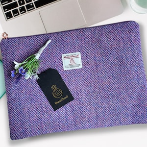 Laptop Case, Harris Tweed Heather and Pink Herringbone, Custom Made, Gift For Mum