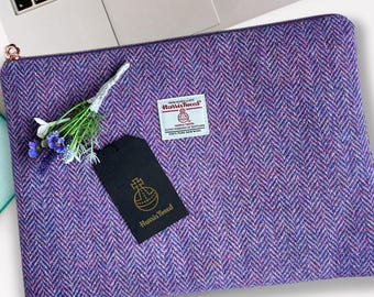 Laptop Case, Harris Tweed Heather and Pink Herringbone, Custom Made, Gift For Mum