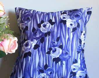 Unique Handmade Pillow, Sapphire Blue Rose Design, Vintage 1950's Fabric, Retro Home Design 16" x 16" Cushion