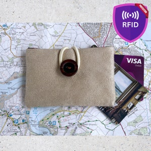 Credit/debit card portemonnee, handgemaakt in zacht albasten faux suède en tartan, RFID-bescherming, verjaardagscadeaukaart portemonnee