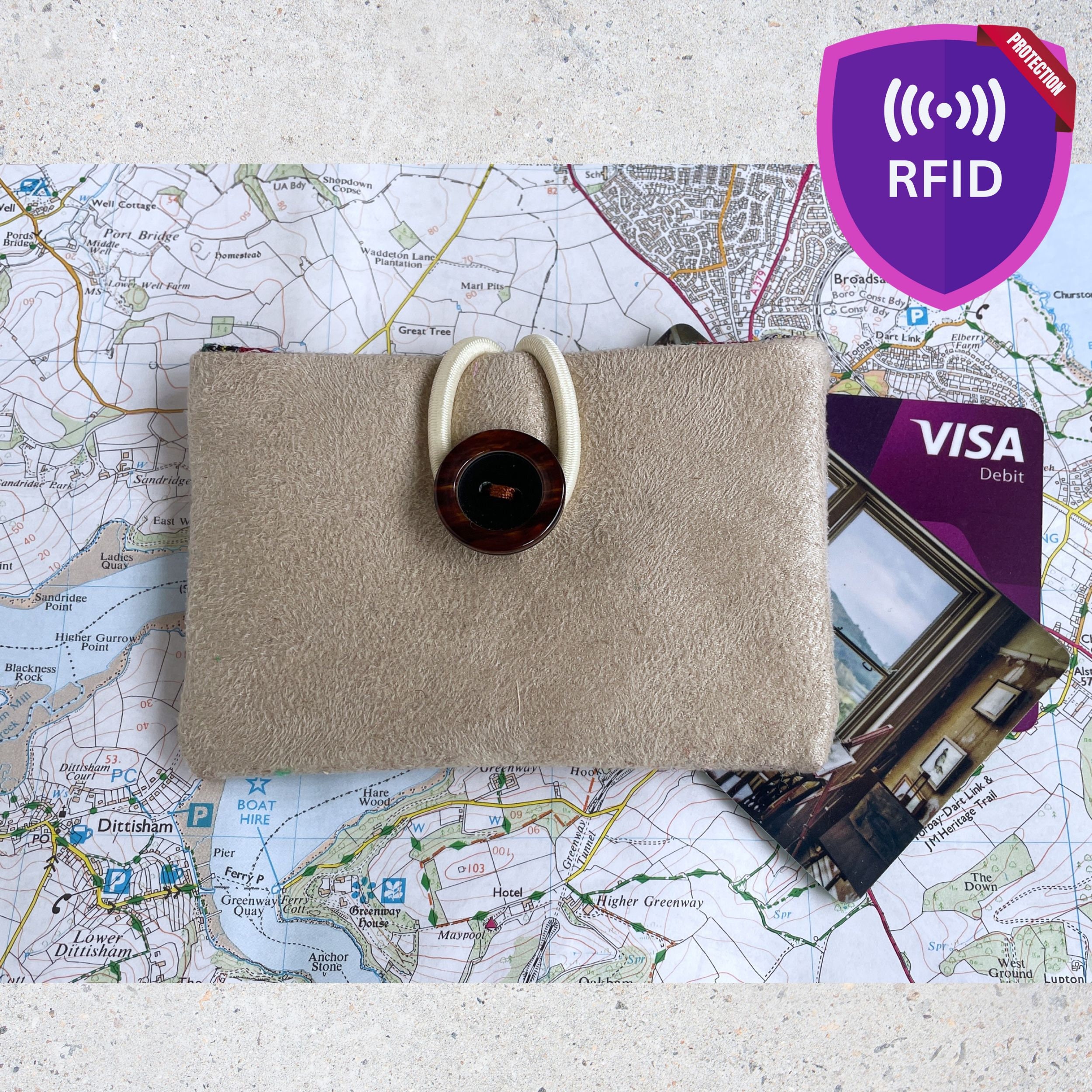 Credit/Debit Card Wallet, Handmade in Soft Alabaster Faux Suede and Tartan, RFID Protection, Birthday Gift Card Wallet