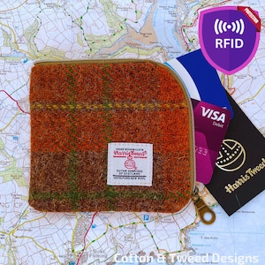 Handgemaakte kaartportemonnee voor heren met RIFD-bescherming, van roodbruin geruite tweed, stijlvol cadeau voor hem