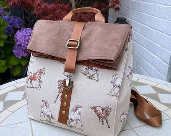 Handmade Canvas and Faux Suede  Backpack, Running Horses Design, Gift For Her - Made in the UK