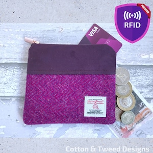 Handgefertigter Harris Tweed Münzbeutel, Kirschrot & Lila Herringbone Tweed mit lila Wildlederimitat, Kartenetui, RFID gefüttert, Geschenk für Sie