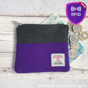 Handgefertigte Geldbörse aus lila Harris Tweed und schwarzem Wildlederimitat, Kartenetui, RFID-gefüttert, Geschenk für Sie