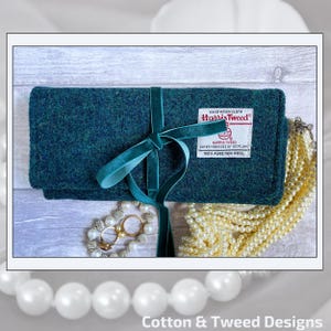 Handmade Harris Tweed Jewellery Organiser, Beautiful Plain Kingfisher Blue Tweed, Perfect Clutch Bag  when Travelling, Unique Gift for Women