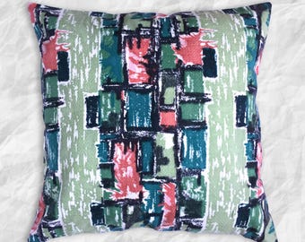 Mid-Century Modern Cushion Cover, Genuine Vintage 1950s Fabric, Retro Geometric Pillow, Teal Sage Green Pink Decor, Handmade MCM Cushion