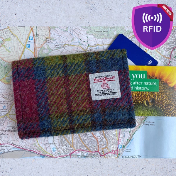 Handmade Card Wallet with RIFD Protection , Claret, Chartreuse & Cobalt Blue Plaid Harris Tweed, For Travel Cards, Bank Cards, Gift For Him