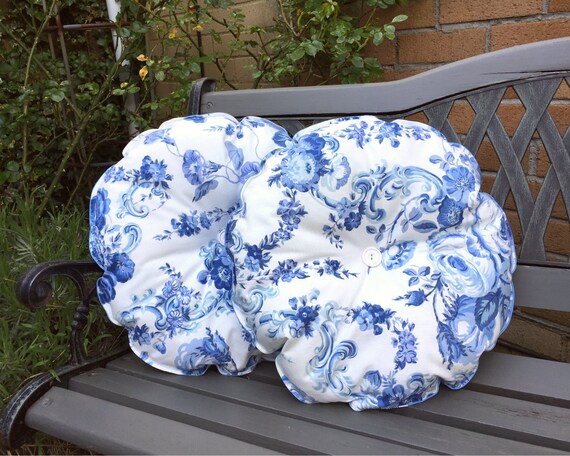 Pair Of Round Seat Cushions Blue And Ivory Floral Design Etsy