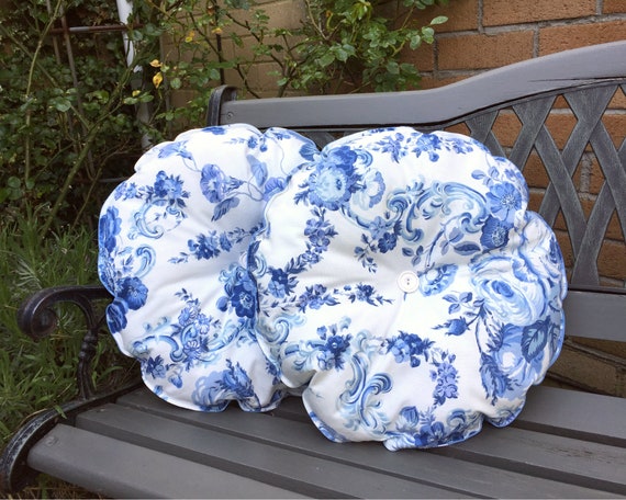 Pair Of Round Seat Cushions Blue And Ivory Floral Design Etsy