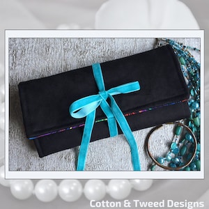 Jewellery Travel Storage Case, Black Faux Suede With Colourful Lining, Gift for Her