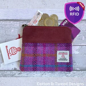 Handgefertigte Harris Tweed-Geldbörse, Heather Pink & Orange karierter Reißverschluss-Geldbörse, Kartenetui, RFID-gefüttert