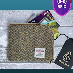 Herren Brieftasche mit RILD Schutz, in Ginger Braun und Himmelblau Herringbone Tweed, Geschenk für Ihn