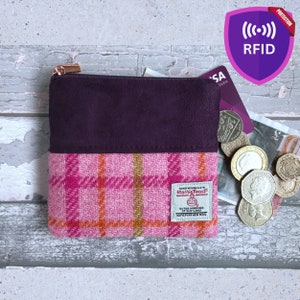Handgefertigter Harris Tweed Münzbeutel, Pink, Orange & Grün karierter Tweed mit lila Kunstleder, Kartenetui, RFID gefüttert, Geschenk für Sie