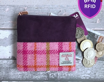 Handmade Harris Tweed Coin Pouch, Pink, Orange & Green Plaid Tweed with Purple Faux Suede, Card Wallet, RFID lined, Gift for Her