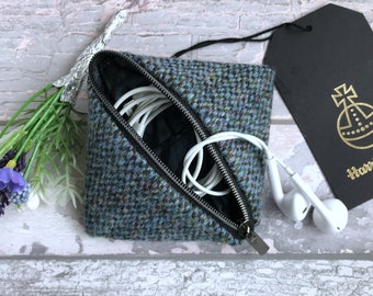 Handmade Harris Tweed Earbud Wallet, Classic Blue Slate Barleycorn Tweed, Perfect for your Handbag or Pocket, Unisex Gift