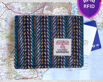 Card Wallet with RIFD Protection, in Shades of Blue, Pink and Purple Multistripe Tweed, Stylish Gift For Her