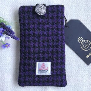 Handmade Mobile Phone Sleeve, Harris Tweed, Purple and Black Dogtooth Check, Gift for Her