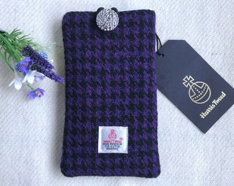 Handmade Mobile Phone Sleeve, Harris Tweed, Purple and Black Dogtooth Check, Gift for Her