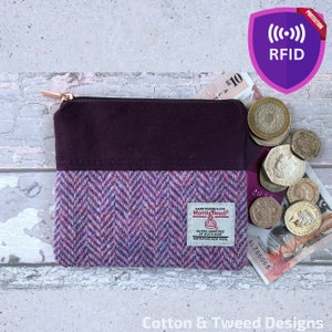 Handgefertigter Harris Tweed-Münzbeutel, Pink & Heather Herringbone Tweed RFID gefüttert, schönes Geburtstagsgeschenk