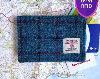 Handmade Harris Tweed Card Wallet with RIFD Protection , in Cobalt Blue with Fine Ruby Checks, Stylish Gift For Him