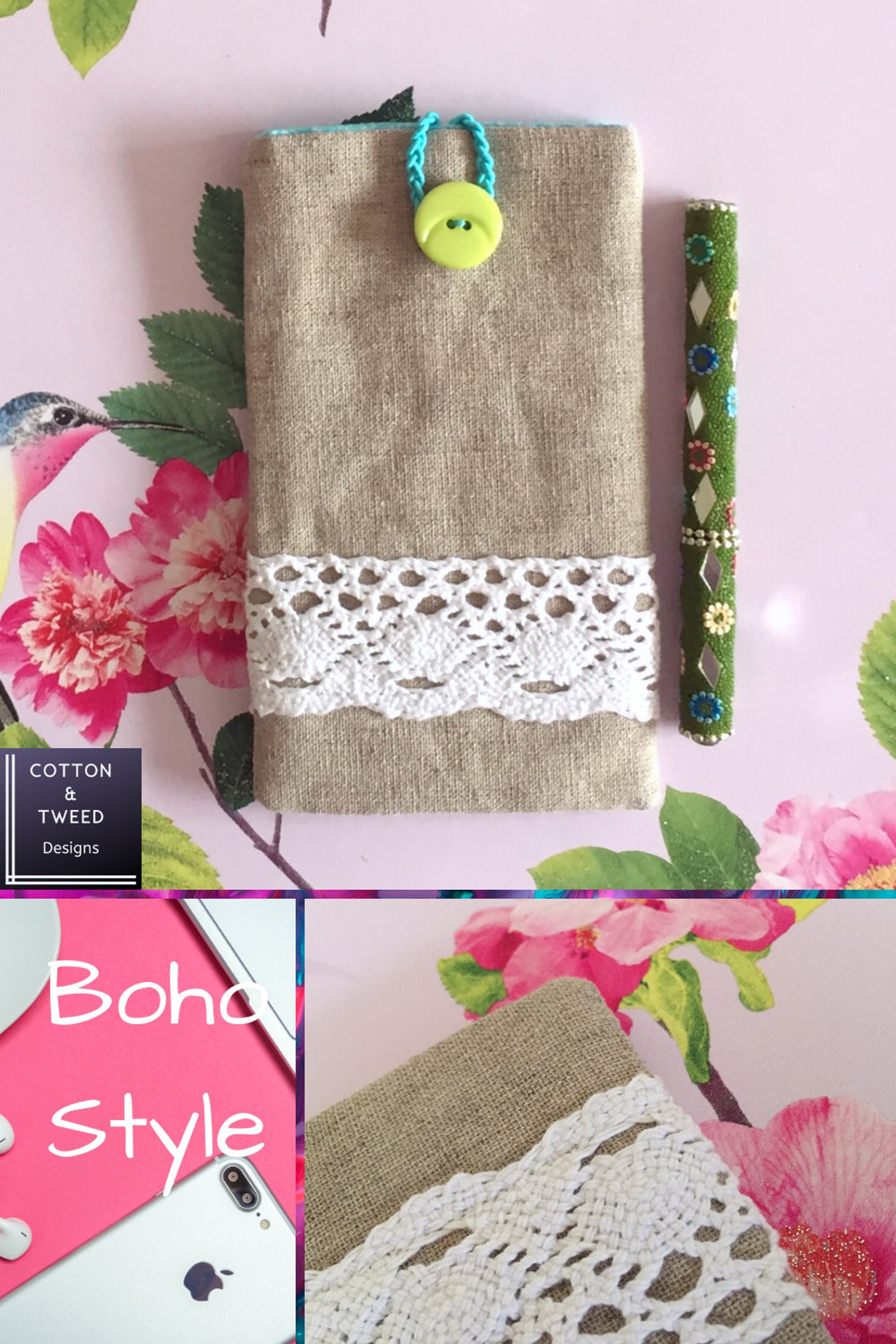 Boho Phone Case Linen and Lace Etsy