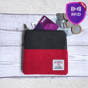 Mohnrot Harris Tweed und schwarzes Wildleder, Reißverschluss-Geldbeutel, Kartenetui, RFID gefüttert, Geschenk für Sie