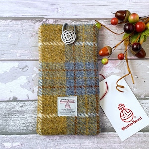 Harris Tweed Handytasche in Senf und Himmelblau Kariertem Tweed, passend für Ihr Handy, Geschenk für Ihn