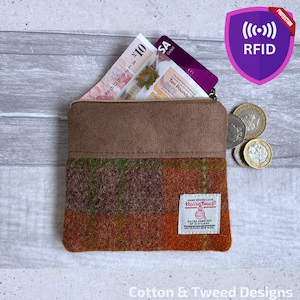 Rustikale Geldbörse aus Harris Tweed und Chesnut Wildlederimitat mit Reißverschluss, RFID-gefüttert