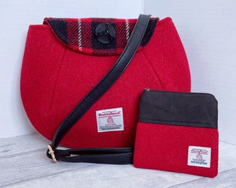 Unique Harris Tweed Handbag, Beautiful  Poppy Red and Black Plaid Tweed, With Matching RFID Lined Purse, Gift for Her