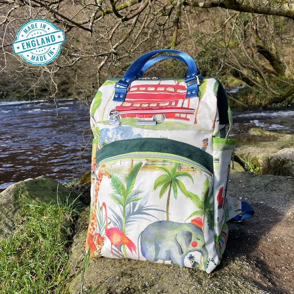 One of a Kind, Weekend Rucksack, Zoo Themed Design Canvas and Faux Suede, Handmade in the UK, Unique Gift