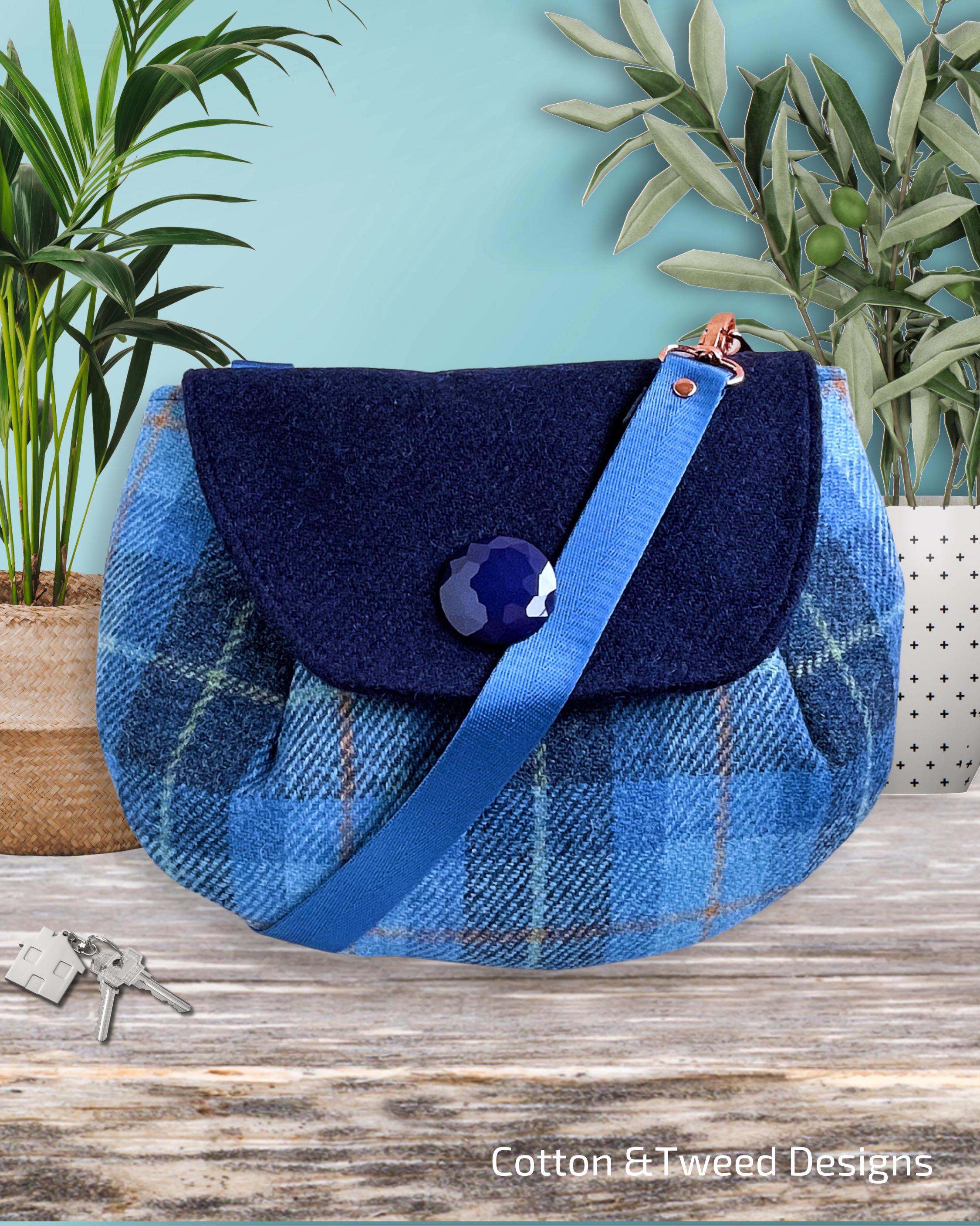 Harris Tweed Crossbody Handbag – Navy and Sky Blue Plaid, Chic 