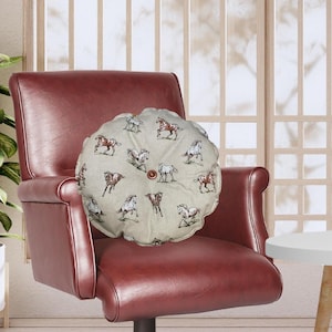 Single Handmade Round Seat Cushion, Rustic Horses Design, Country Home Decor