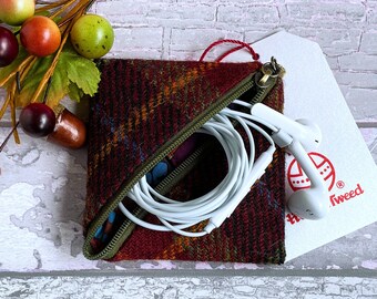 Handmade Harris Tweed Earbud Wallet, in Olive, Claret and Charcoal Plaid Tweed, Perfect for your Handbag or Pocket, Unisex Gift