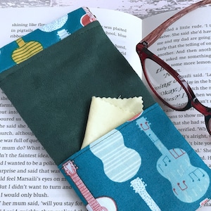 Glasses Case, Forest Green Faux Suede with Guitar Pattern Pocket for Lens Cloth, Gift for Musician