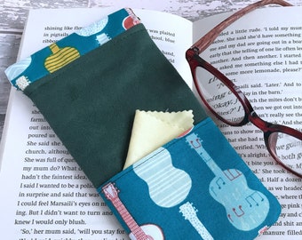 Glasses Case, Forest Green Faux Suede with Guitar Pattern Pocket for Lens Cloth, Gift for Musician